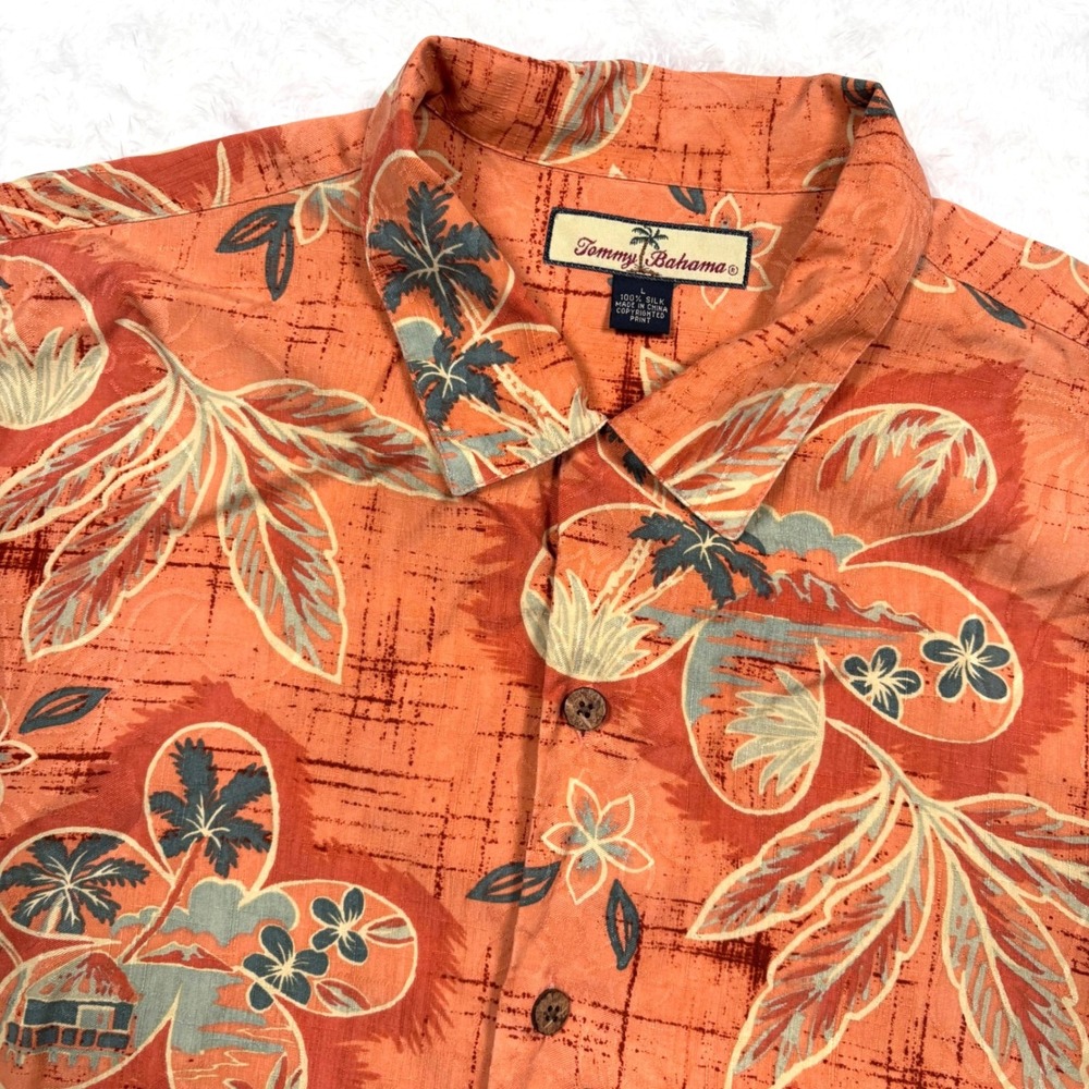 Tommy Bahama SILK Button Shirt Men L Orange LOOP COLLAR Tropical Floral Camp
